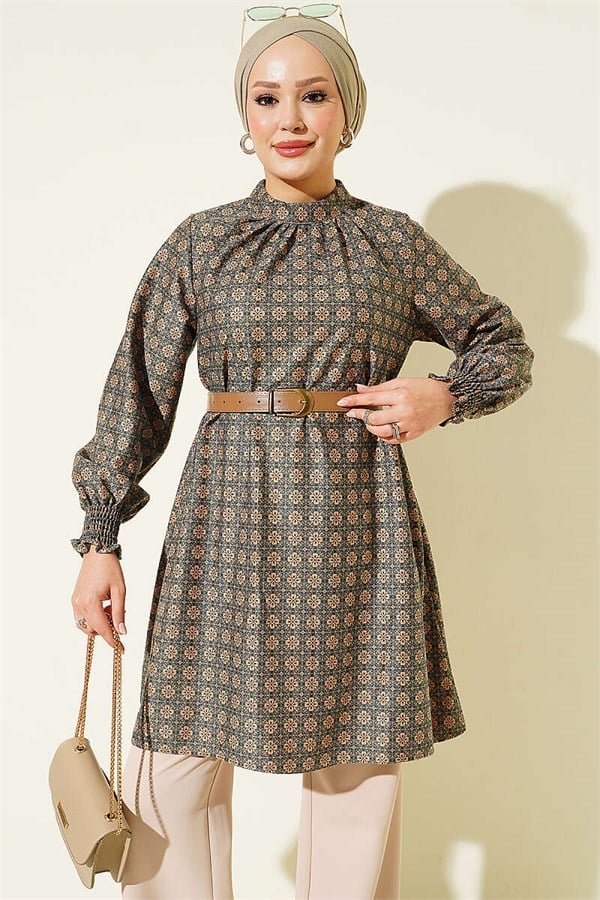 High Neck Clover Pattern Tunic Green