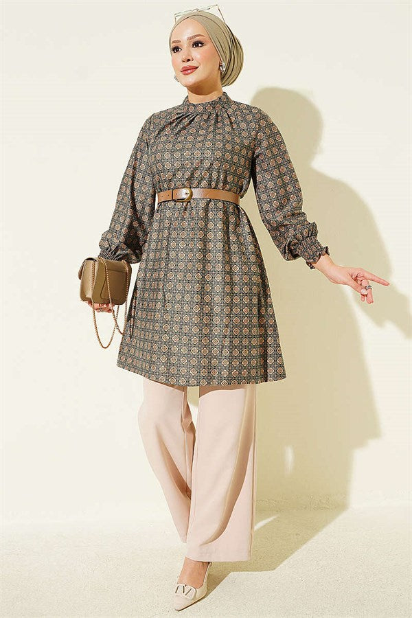 High Neck Clover Pattern Tunic Green