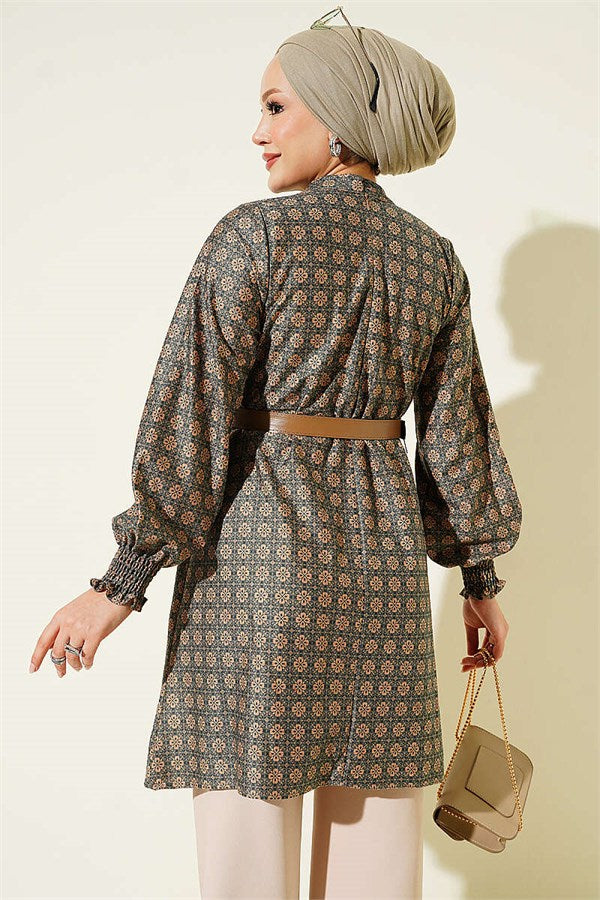 High Neck Clover Pattern Tunic Green