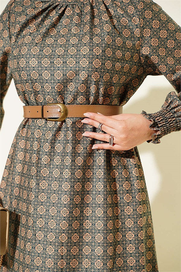 High Neck Clover Pattern Tunic Green