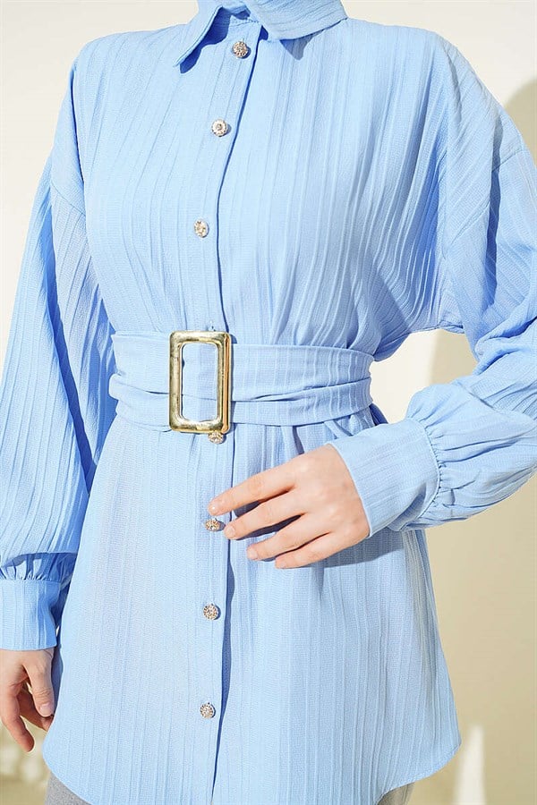 Rectangular Striped Shirt with Belt Buckle, Baby Blue