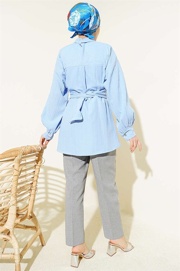 Rectangular Striped Shirt with Belt Buckle, Baby Blue