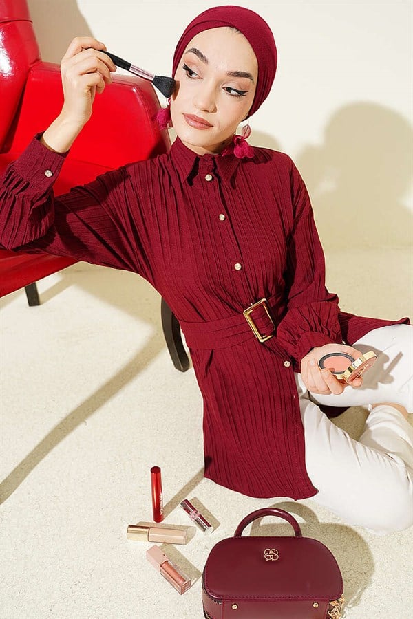 Striped Shirt with Rectangular Belt Buckle, Burgundy
