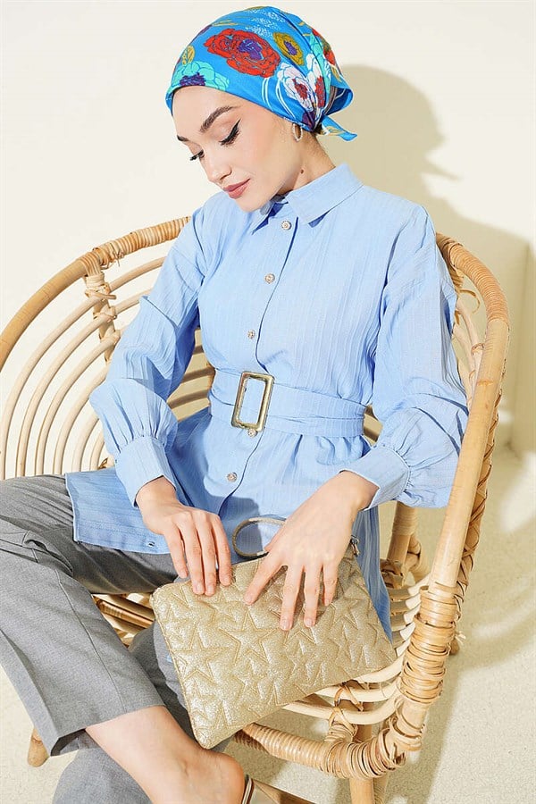 Rectangular Striped Shirt with Belt Buckle, Baby Blue