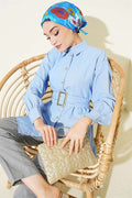 Rectangular Striped Shirt with Belt Buckle, Baby Blue