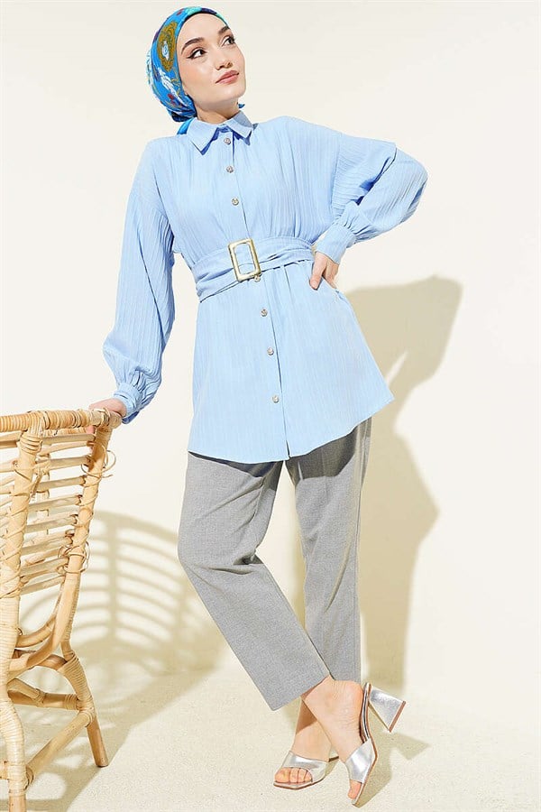 Rectangular Striped Shirt with Belt Buckle, Baby Blue