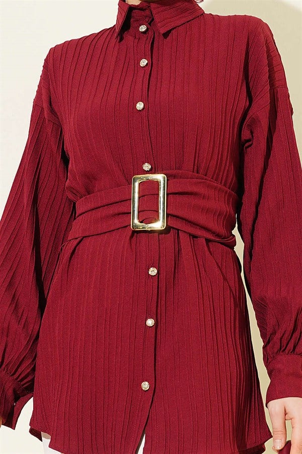 Striped Shirt with Rectangular Belt Buckle, Burgundy