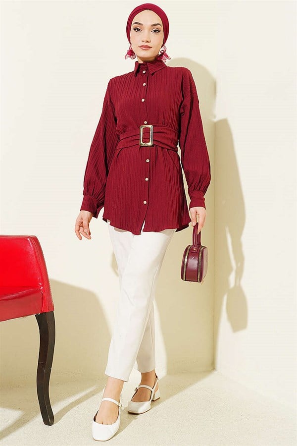 Striped Shirt with Rectangular Belt Buckle, Burgundy