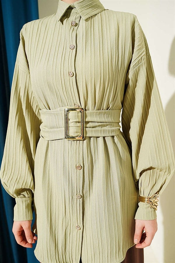 Rectangular Belt Buckle Striped Shirt, Light Green