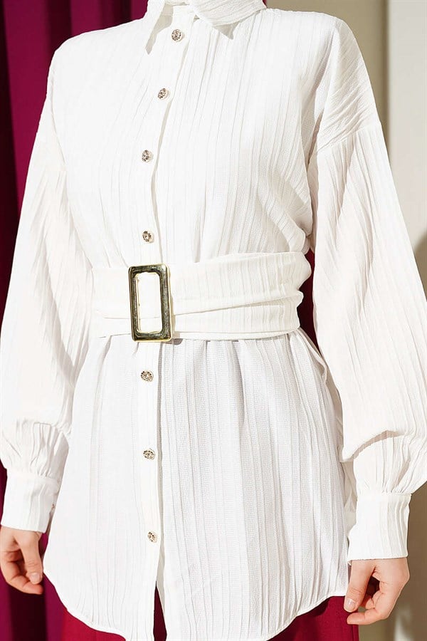 Rectangular Belt Buckle Striped Shirt, Ecru