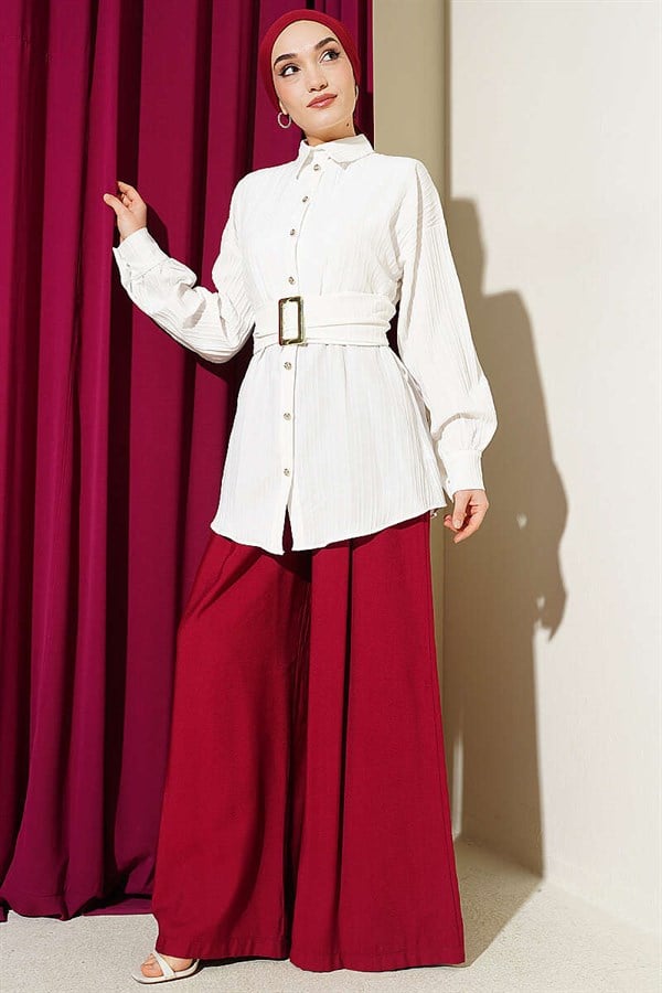 Rectangular Belt Buckle Striped Shirt, Ecru