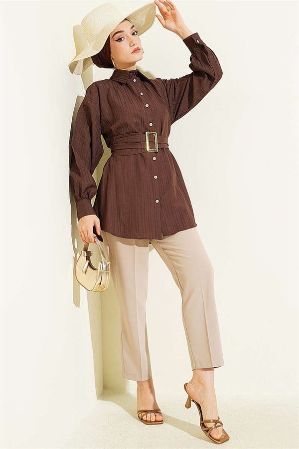 Rectangular Belt Buckle Striped Shirt, Brown