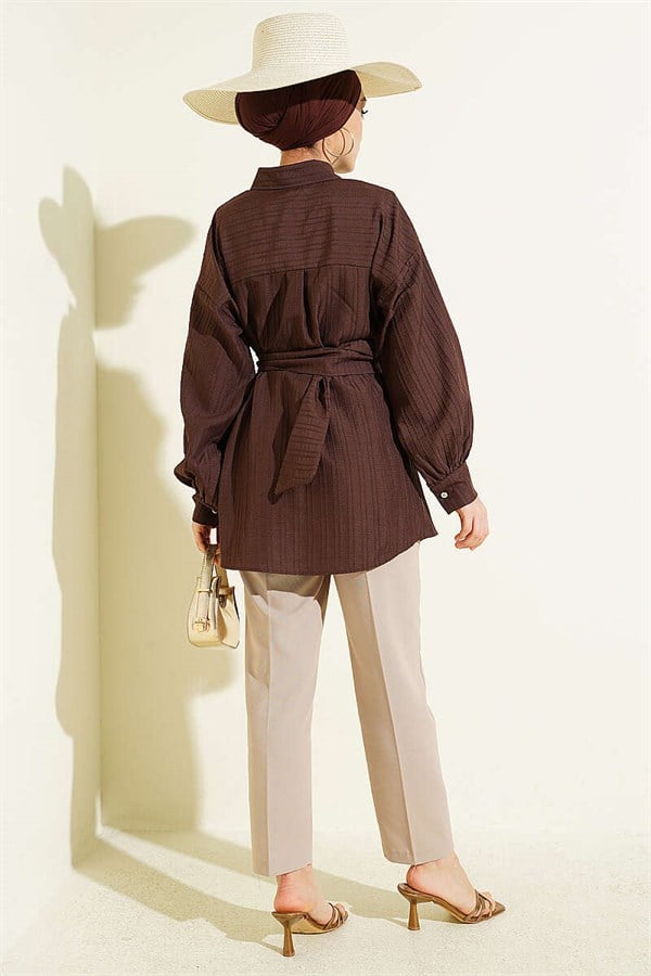 Rectangular Belt Buckle Striped Shirt, Brown