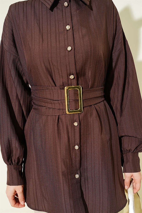 Rectangular Belt Buckle Striped Shirt, Brown