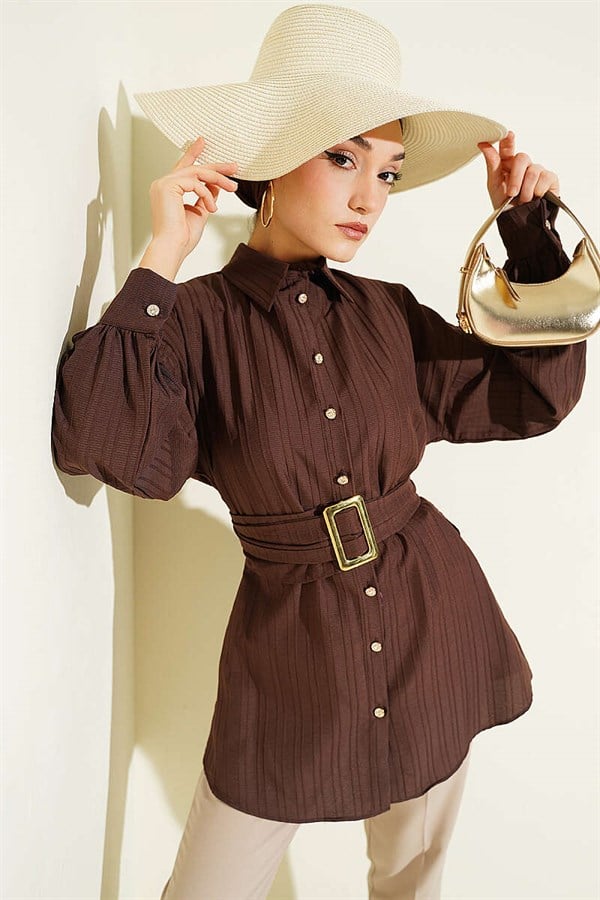 Rectangular Belt Buckle Striped Shirt, Brown