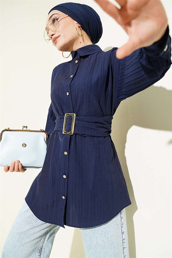 Striped Shirt with Rectangular Belt Buckle, Navy Blue