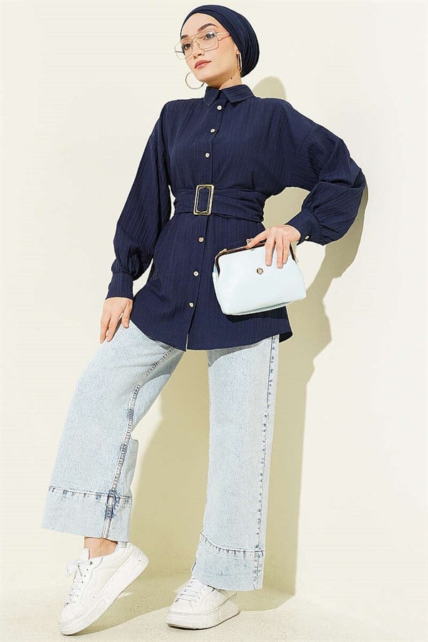 Striped Shirt with Rectangular Belt Buckle, Navy Blue