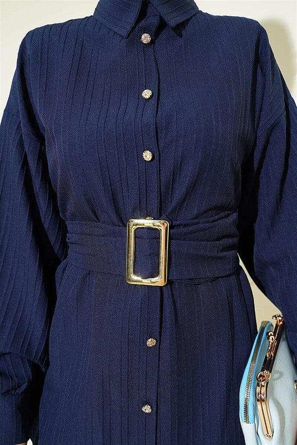 Striped Shirt with Rectangular Belt Buckle, Navy Blue