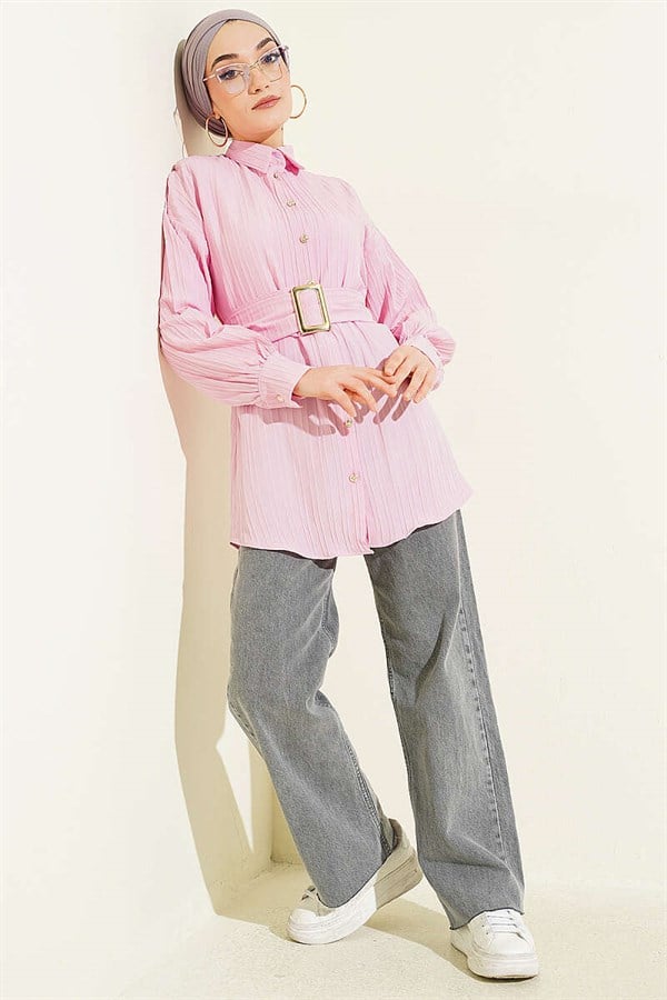 Rectangular Striped Shirt with Belt Buckle, Pink