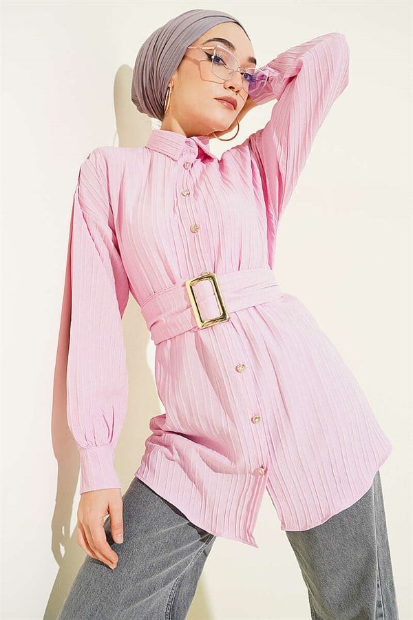 Rectangular Striped Shirt with Belt Buckle, Pink