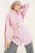Rectangular Striped Shirt with Belt Buckle, Pink