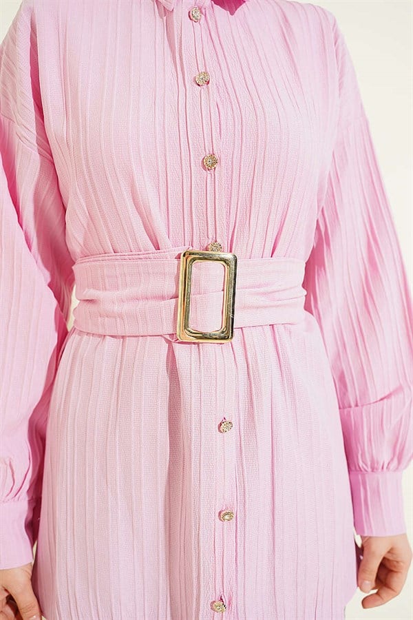 Rectangular Striped Shirt with Belt Buckle, Pink