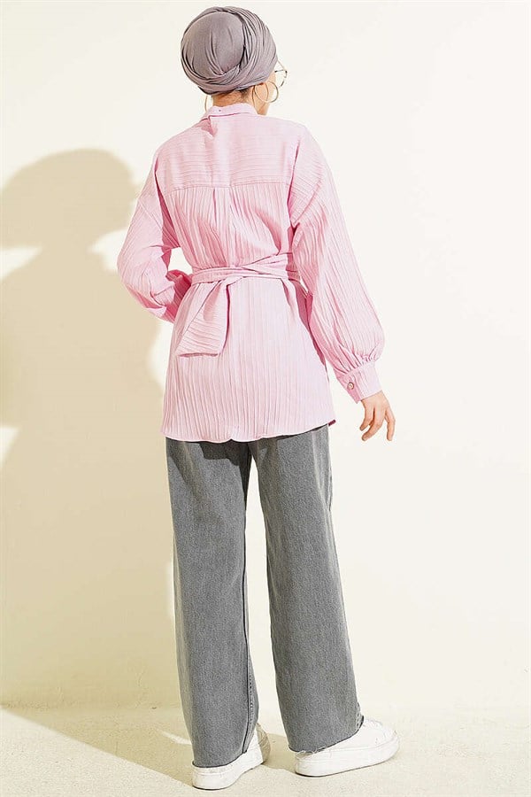 Rectangular Striped Shirt with Belt Buckle, Pink