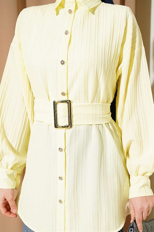 Rectangular Striped Shirt with Belt Buckle, Yellow