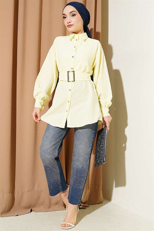 Rectangular Striped Shirt with Belt Buckle, Yellow