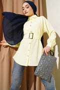 Rectangular Striped Shirt with Belt Buckle, Yellow