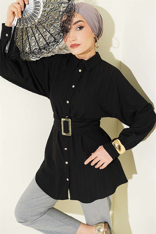 Rectangular Belt Buckle Striped Shirt Black