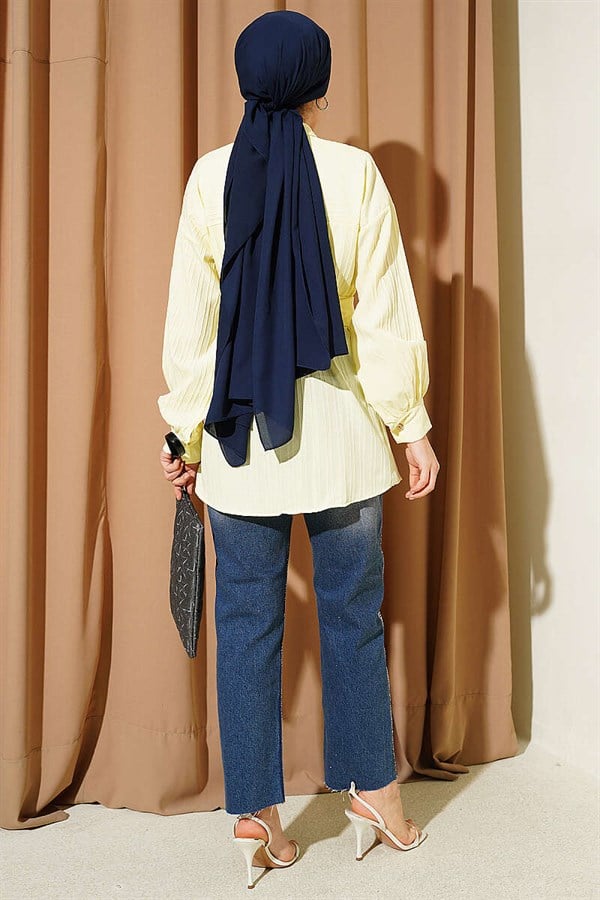 Rectangular Striped Shirt with Belt Buckle, Yellow