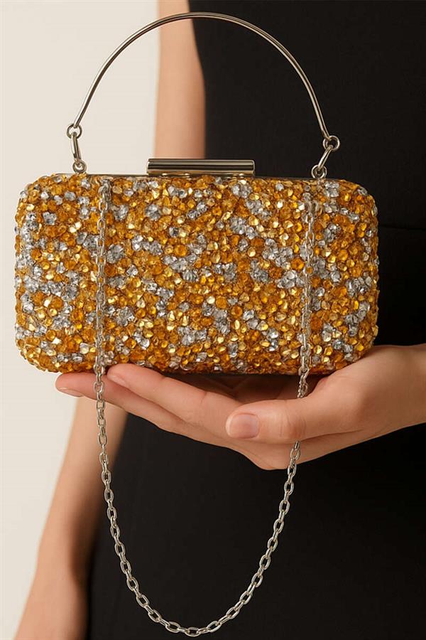 Rectangular Stone Handle Evening Bag Yellow