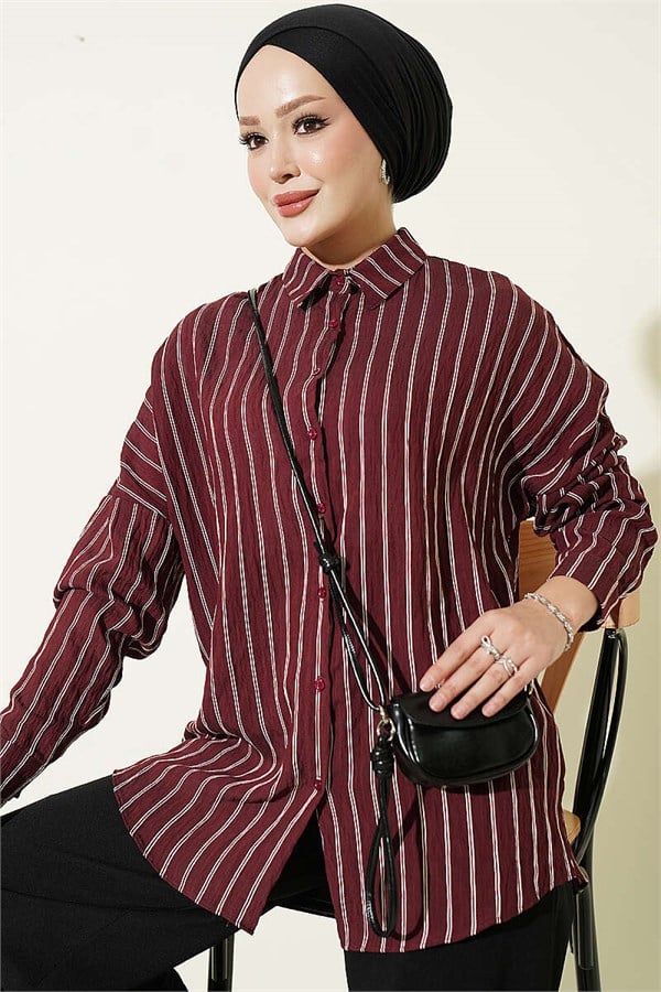 Vertical Striped Basic Shirt Burgundy