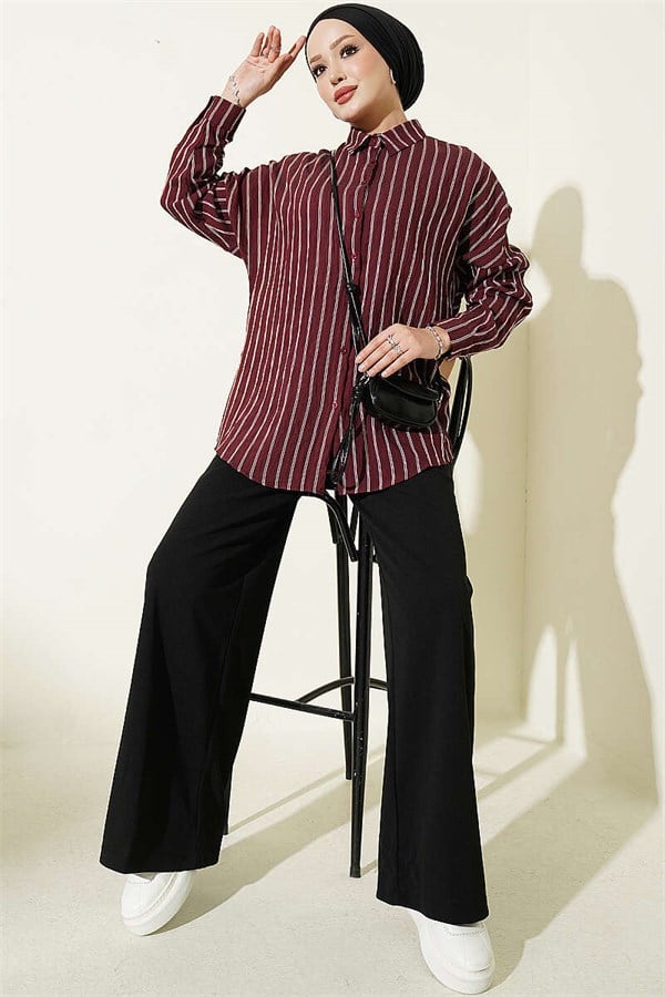Vertical Striped Basic Shirt Burgundy