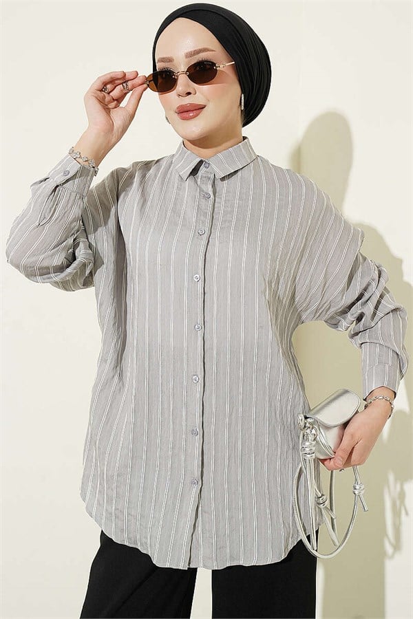 Vertical Striped Basic Shirt Grey