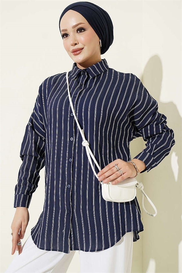 Vertical Striped Basic Shirt Navy Blue