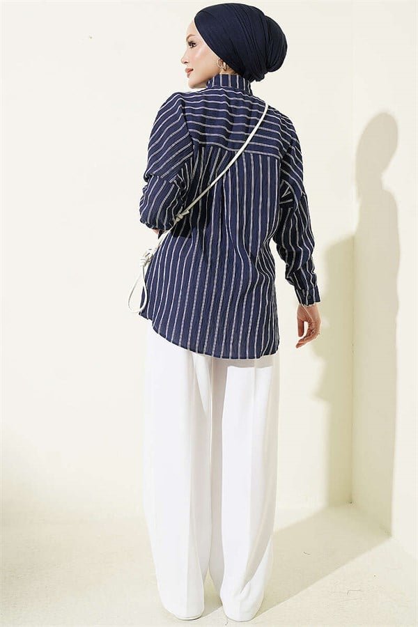 Vertical Striped Basic Shirt Navy Blue