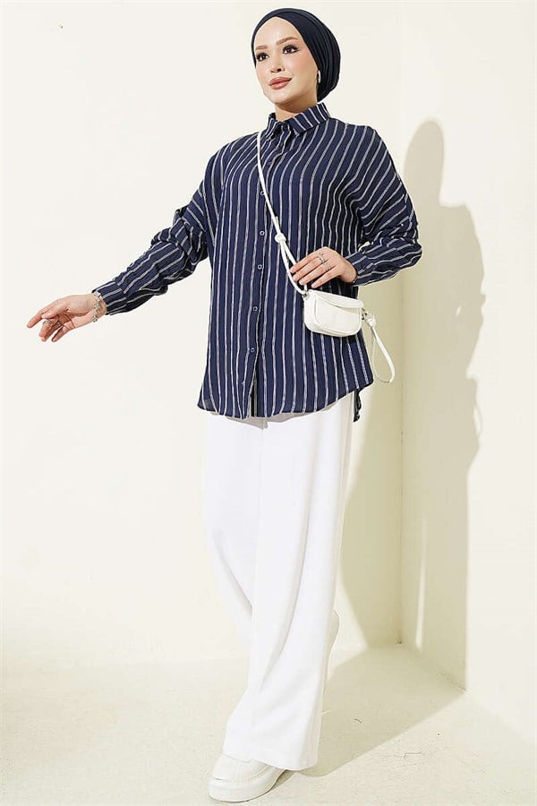 Vertical Striped Basic Shirt Navy Blue