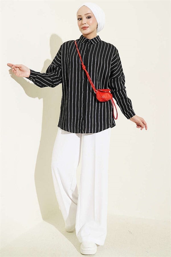 Vertical Striped Basic Shirt Black