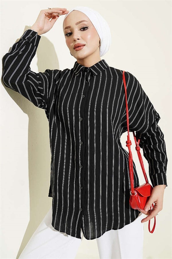 Vertical Striped Basic Shirt Black