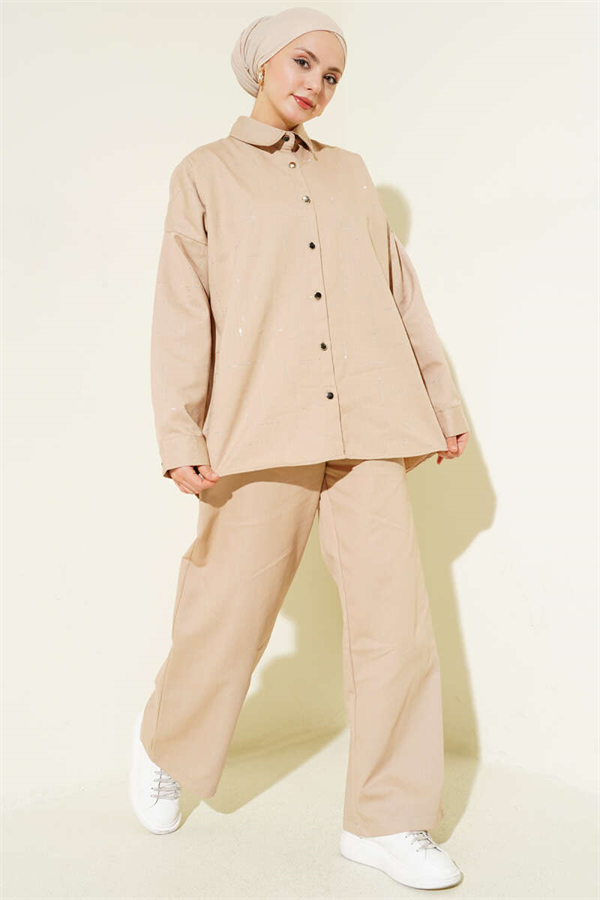 Vertical Mini Rhinestone 2 Piece Set, Beige