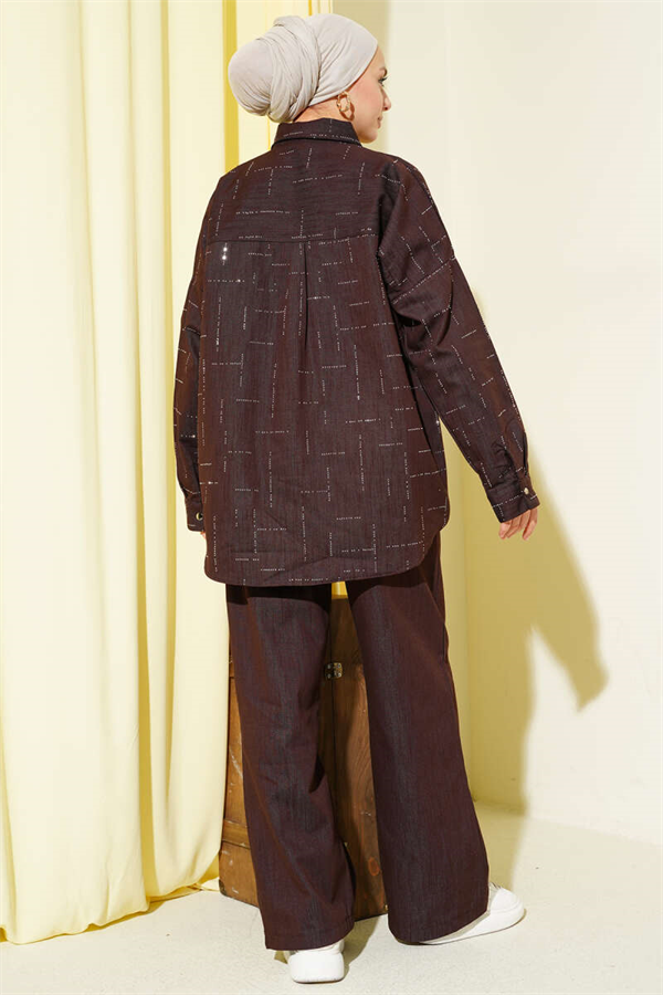 Vertical Mini Stone Embellished 2 Piece Set in Coffee