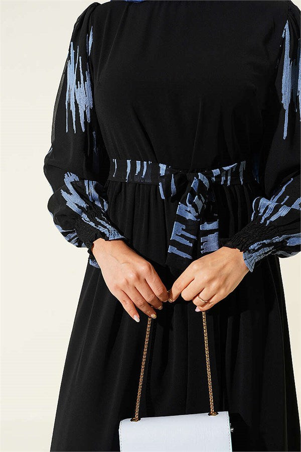 Vertical Embroidered Sleeveless Dress Indigo