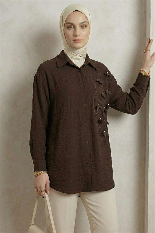 Textured Crepe Floral Shirt Dark Brown