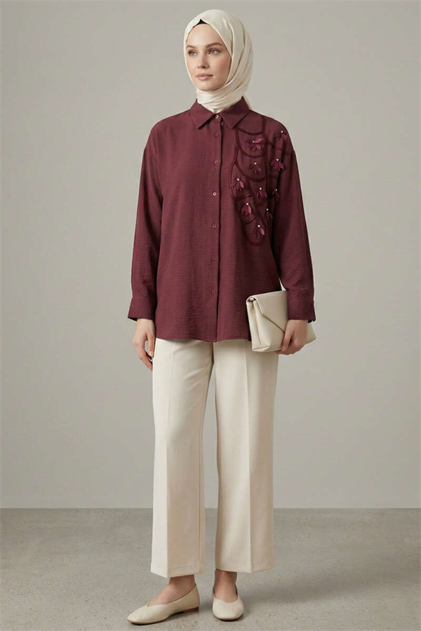 Textured Crepe Floral Shirt Burgundy