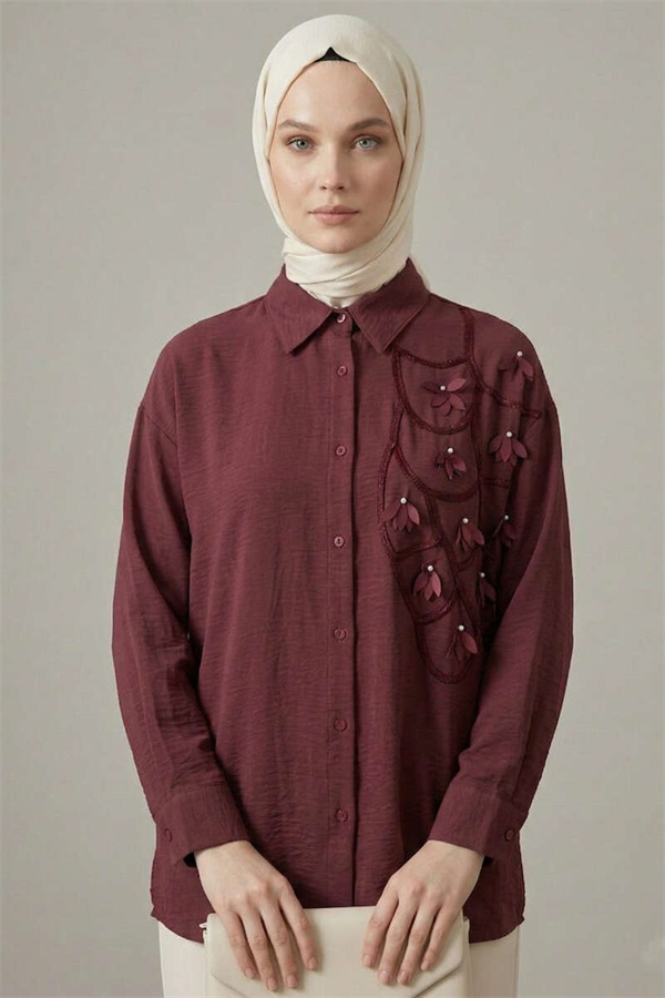 Textured Crepe Floral Shirt Burgundy