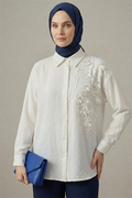 Textured Crepe Floral Shirt, Ecru