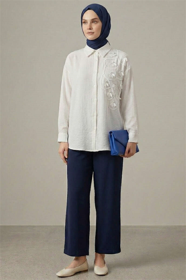 Textured Crepe Floral Shirt, Ecru