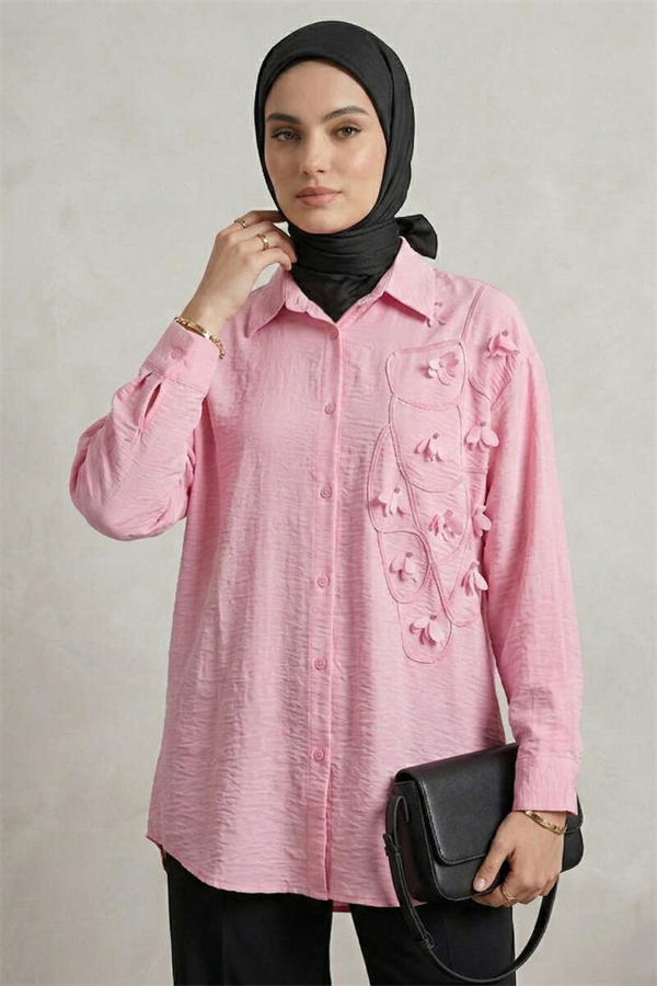 Textured Crepe Floral Shirt Pink